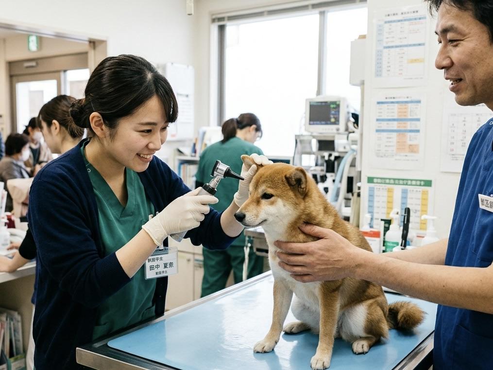 診察を受ける柴犬